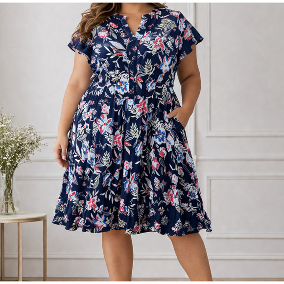 Massini Dresses & Skirts - Vintage Massini Floral Dress XL Navy Tropical Midi Drawstring Waist Cottagecore